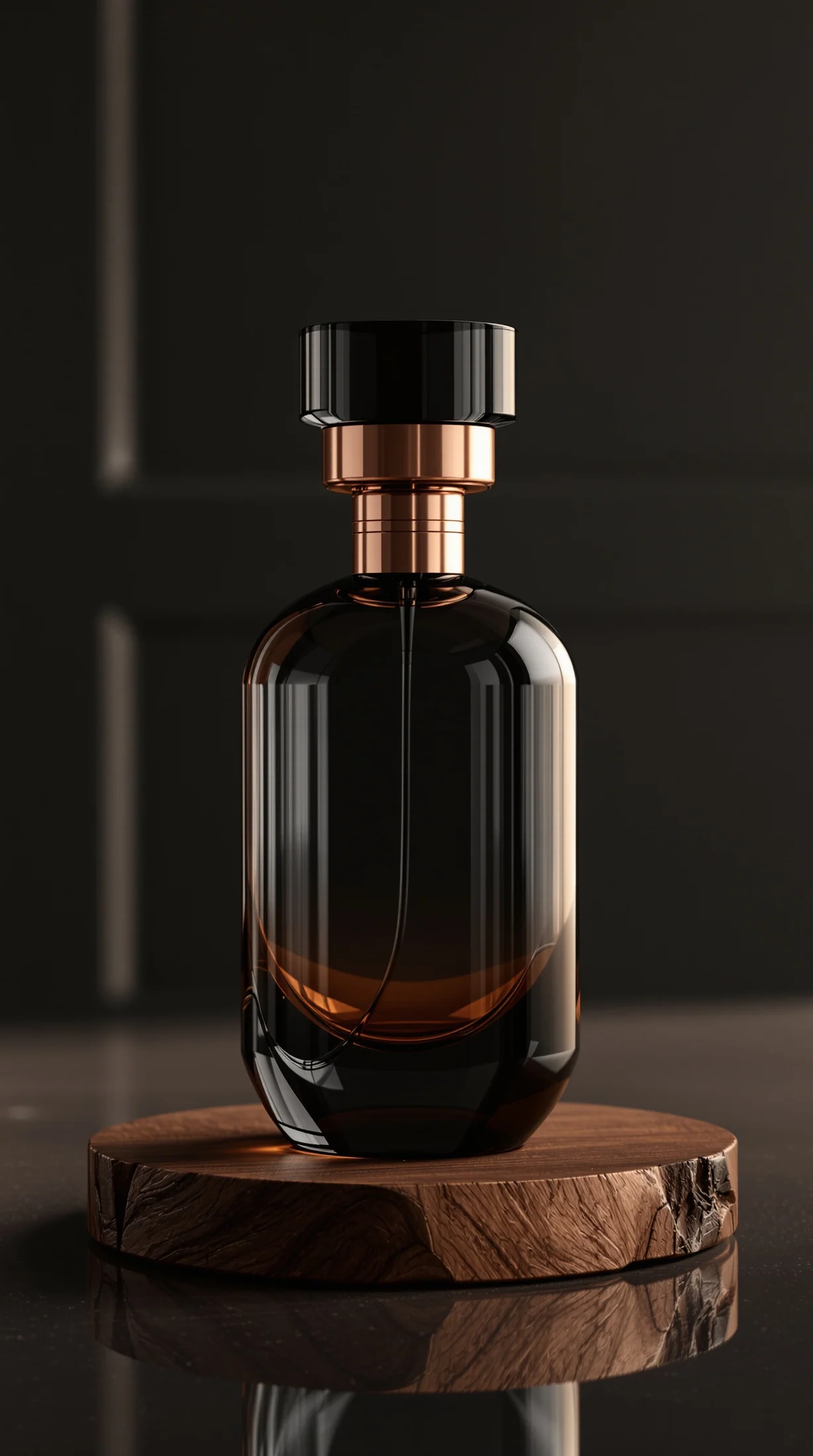 Sculptural smoked-glass product bottle on dark walnut under warm rim light