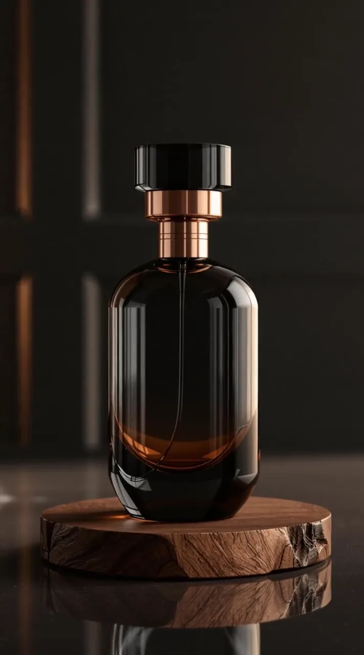 Slow orbit around a smoked-glass product bottle with warm moving reflections