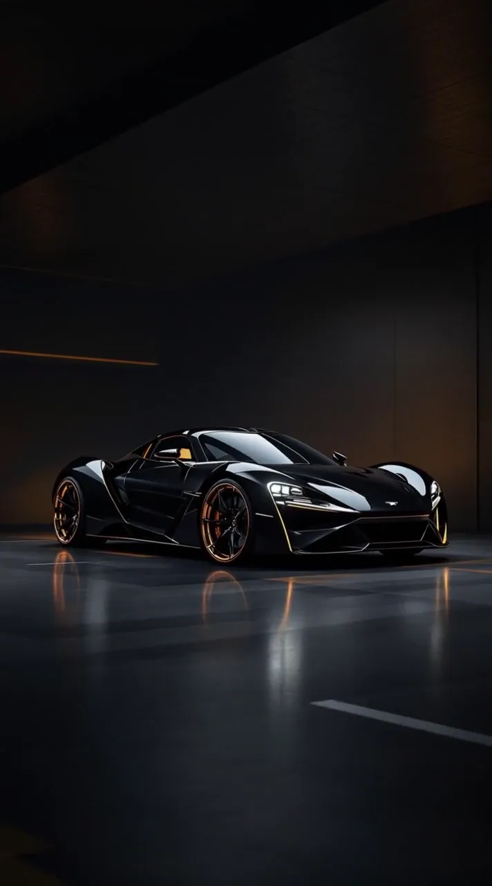 Slow orbit around a charcoal sports coupe with warm moving reflections