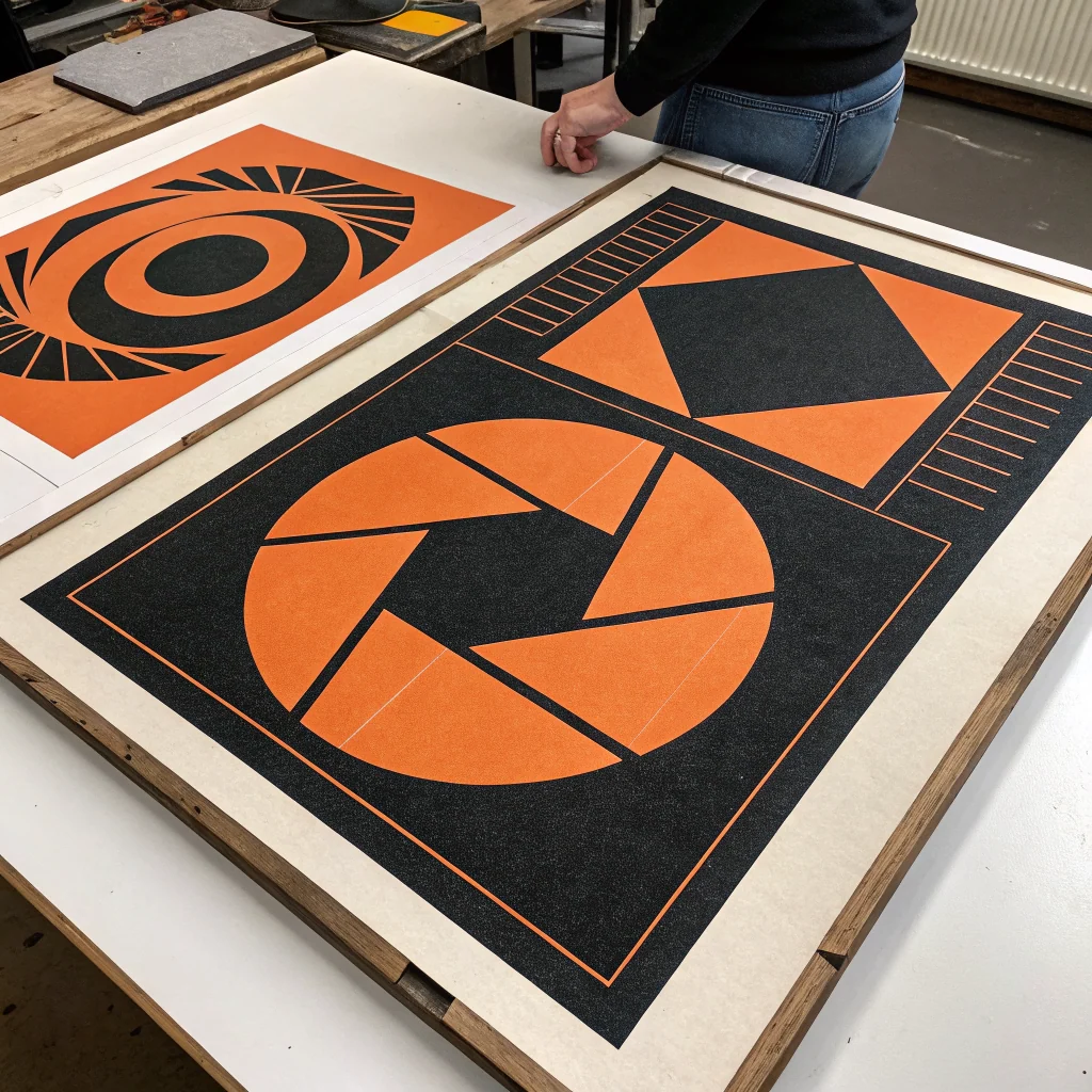Geometric cultural poster in warm black, linen, and ember orange