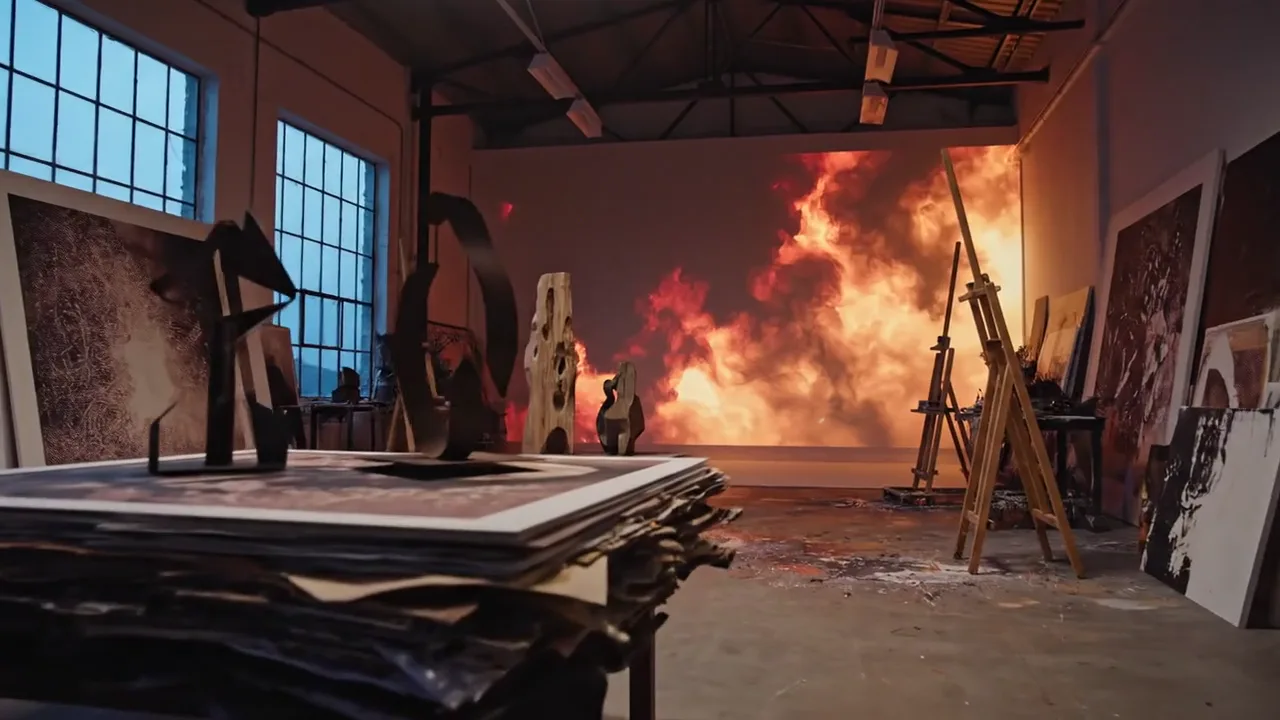 Camera glides through a contemporary artist workshop toward a glowing projection wall