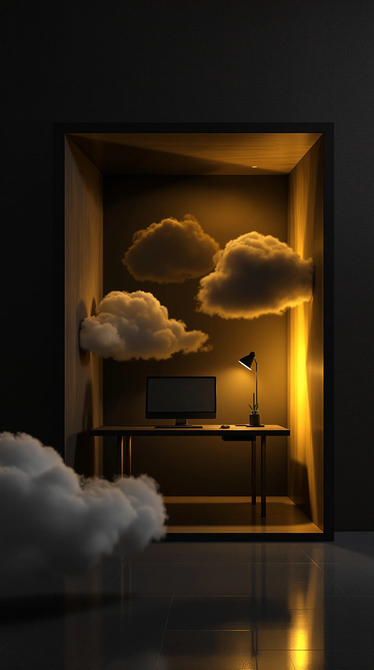 Private creative workstation represented as an isolated illuminated workspace with no cloud connection