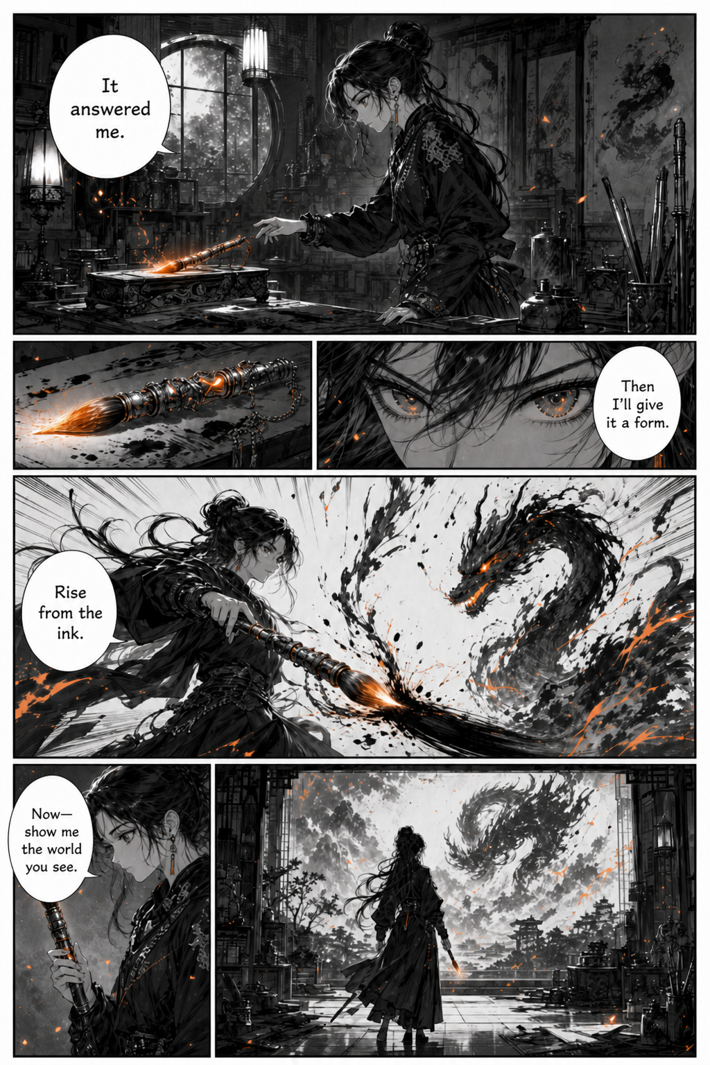 Original English-language manga page showing an artist summoning an ink dragon with a glowing brush