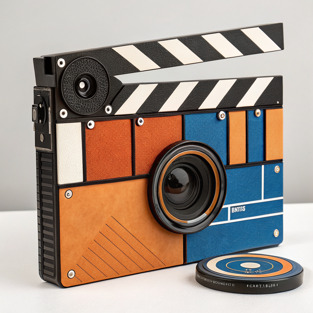 Modular orange, blue, and black campaign object combining a camera and film slate